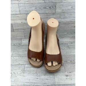 Crocs Leigh Brown Leather Cork Wedge Sandals Women 8 Peep Toe Slingback Buckle